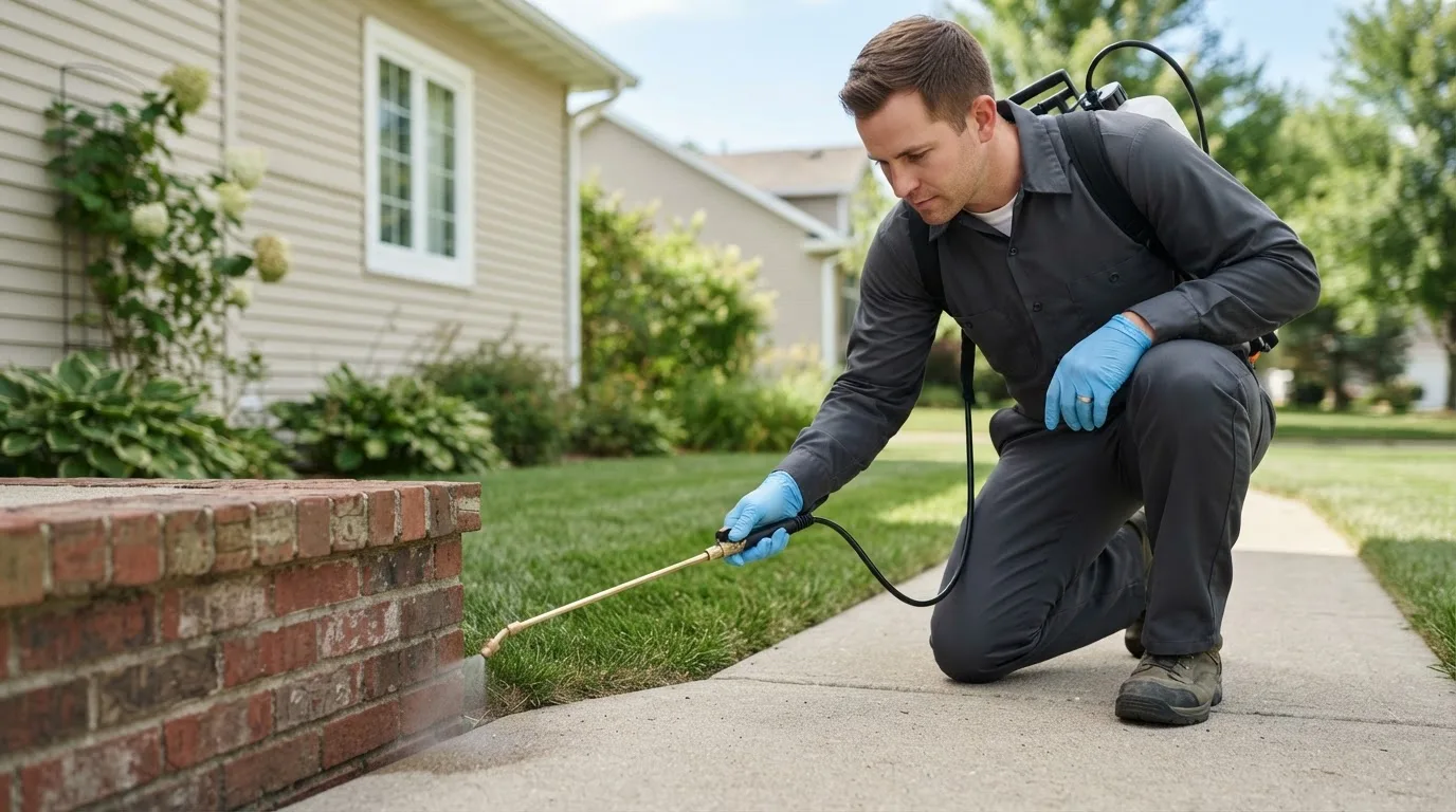 Pest control technician treating a home near Blackstone, IL